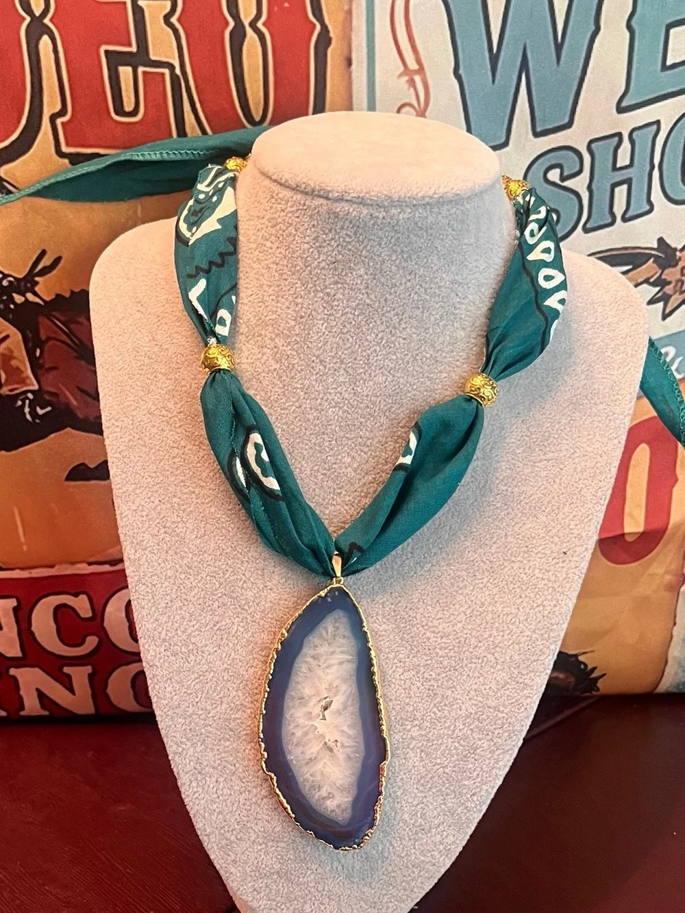 Western Bohemian Peacock Bandana with a Teal Agate Druzy Slice Statement Piece